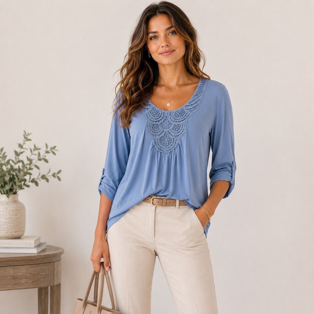 Susan Graver Liquid Knit Blouse Women's Size 1X Slate Blue Crochet Lace Cottage